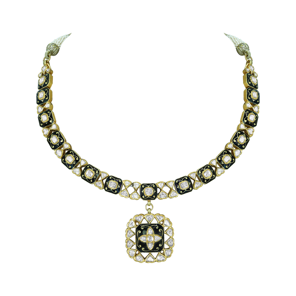 Polki Necklace with Black Enamel Squares and Central Pendant